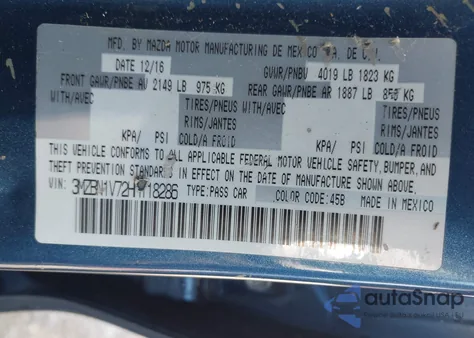 2017 Mazda Mazda3 Touring z USA, uszkodzony, nr VIN 3MZBN1V72HM118286